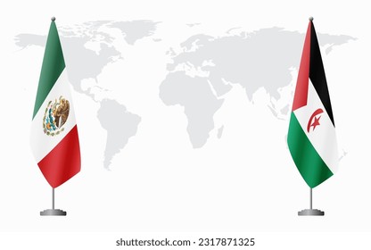 Mexico and Sahrawi Arab Democratic Republic flags for official meeting against background of world map.