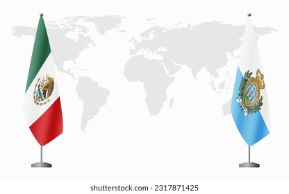 Mexico and San Marino flags for official meeting against background of world map.