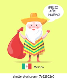 Mexico Santa Claus and phrase happy New Year translated, man with bag wearing sombrero and traditional clothes isolated on vector illustration