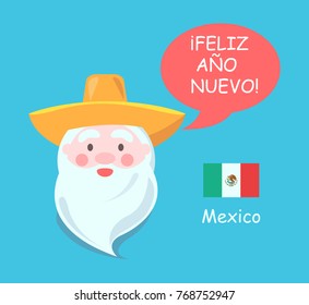 Mexico Santa Claus, poster with old man, and symbolic sombrero hat, phrase of happy New Year and icon of flag isolate on vector illustration