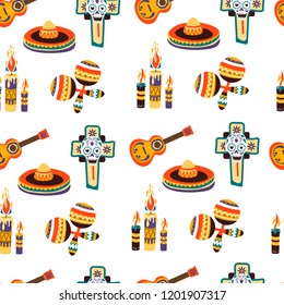 Mexico seamless pattern with candles, sombrero and maracas