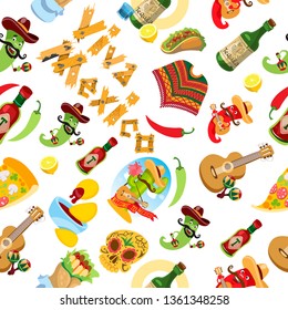 Mexico seamless pattern in cartoon style for wrapping, wallpaper, background.