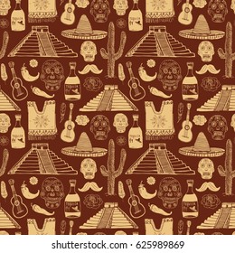 Mexico seamless pattern doodle elements, Hand drawn sketch mexican traditional sombrero hat, poncho, cactus and tequila bottle, map of mexico, skull, music instruments. vector illustration background