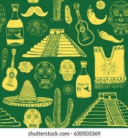 Mexico seamless pattern doodle elements, Hand drawn sketch mexican traditional sombrero hat, poncho, cactus and tequila bottle, map of mexico, skull, music instruments. vector illustration background