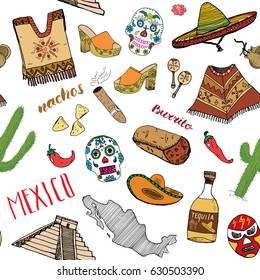 Mexico seamless pattern doodle elements, Hand drawn sketch mexican traditional sombrero hat, boots, poncho, cactus and tequila bottle, map of mexico, burrito, skull. vector illustration background.