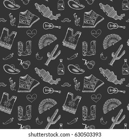 Mexico seamless pattern doodle elements, Hand drawn sketch mexican traditional sombrero hat, boots, poncho, cactus and tequila bottle, map of mexico, music instruments. vector illustration background.