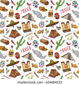 Mexico seamless pattern doodle elements, Hand drawn sketch mexican traditional sombrero hat, boots, poncho, cactus and tequila bottle, map of mexico, burrito, skull. vector illustration background.