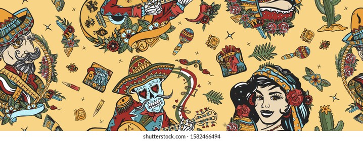 Mexico. Seamless pattern. Skeleton with guitar, mexican woman, bandit. Day Of Dead art. Old school tattoo vector background. National culture and people. Traditional tattooing style 