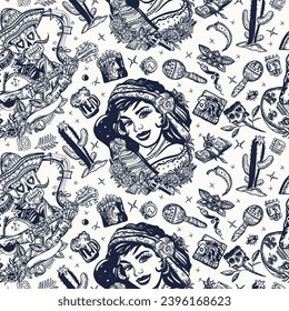 Mexico. Seamless pattern. Skeleton with guitar and mexican woman. Day Of Dead art. Old school tattoo vector background. National culture and people. Traditional tattooing style