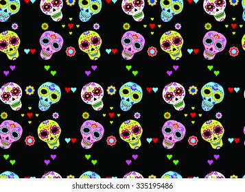 Mexico  seamless pattern with skull, flowers and ethnic elements