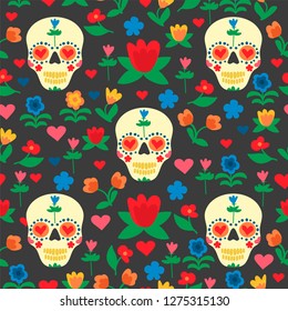 Mexico seamless pattern with skulls and  flowers. Multicolored vector illustration. Flat elements.