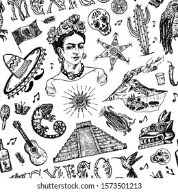 Mexico Seamless pattern in vintage style. Traditional national costume on a woman, animals, plants and musical instruments. Engraved hand drawn sketch.