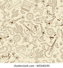 Mexico seamless retro line art design vector illustration. Separate objects. Hand drawn doodle design elements.