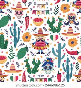 Mexico seamless vector pattern. Cinco de Mayo celebration - sugar skull, prickly cactus, sombrero, jalapeno, hot salsa, colorful flowers, man with garland. Festive carnival, fiesta. Cartoon background