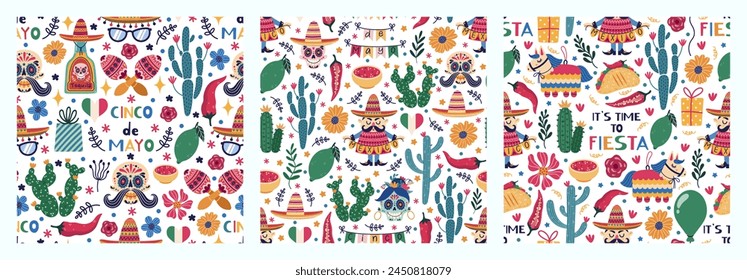 Mexico seamless vector patterns set. Carnival celebration - tequila, lime, taco, sugar skulls, cacti, flowers, maracas, pinata, sombrero. Fiesta, Cinco de Mayo holiday on May 5th. Cartoon backgrounds