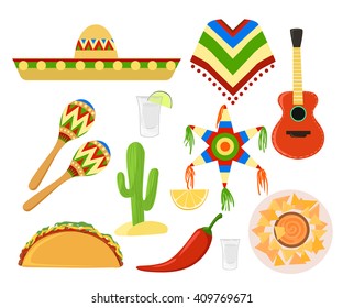 Mexico set cinco de mayo Sombrero, maracas and jalapeno mexico set