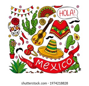 Mexico set of elements, skull, poncho, cacti, sombrero and ribbon with the inscription Viva Mexico isolated on a white background. Icons for holidays, celebrations, national patterns, decorations