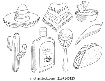 Mexico set graphic black white isolated sketch illustration vector