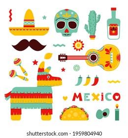 Mexico. Set with symbols of Mexico Mexican guitar, mustache, tequila, pepper, skull. Сolorful stylish vector illustration set Mexico. Mexican maracas, pinata, tacos. Illustration and design