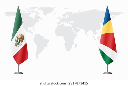 Mexico and Seychelles flags for official meeting against background of world map.