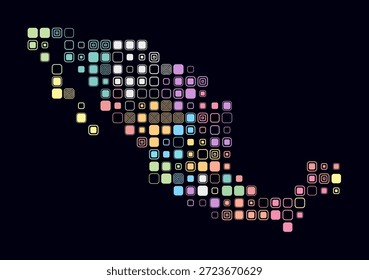 México, la forma del país construye células de color. Mapa de estilo digital del México sobre fondo oscuro. Bloques cuadrados redondeados de tamaño Grande. Ilustración vectorial moderna.