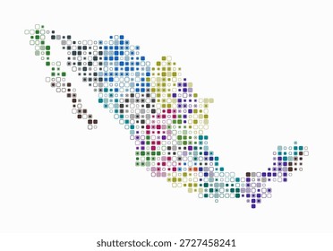 México, la forma del país construye células de color. Mapa de estilo digital del México sobre fondo blanco. Bloques cuadrados redondeados de tamaño Pequeño. Ilustración vectorial Abstractas.