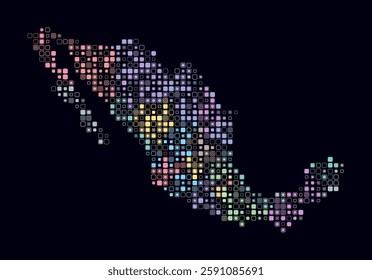 Mexico, shape of the country built of colored cells. Digital style map of Mexico on a dark background. Small size rounded square blocks. Classy vector illustration.