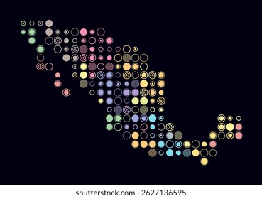 Mexico, shape of the country built of colored cells. Digital style map of Mexico on a dark background. Large size circle blocks. Vibrant vector illustration.