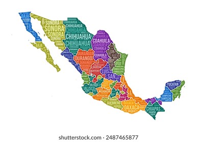 Mexico shape. Country word cloud with region division. Mexico colored illustration. Region names cloud. Vector illustration.