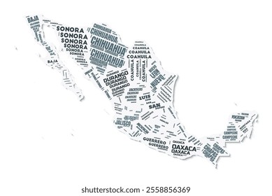 Mexico shape text cloud. Country border with shadow on white background. Mexico with regions division in vintage gazette style. Modern vector illustration.