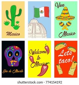 Mexico signs poster set. Card, poster, suitable for print on a T-shirt. Hand drawn vector illustration. Travel Mexico poster.