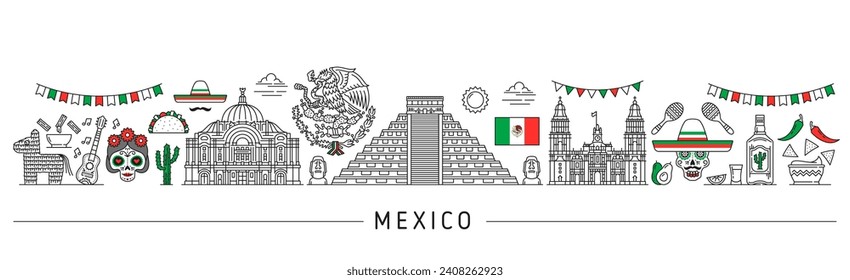 Mexico silhouette. Mexican travel landmarks. Latin America country journey line vector background with Inca pyramid, Mexico Palace of Fine Arts and cathedral, Tex Mex food and Day of the Dead symbols