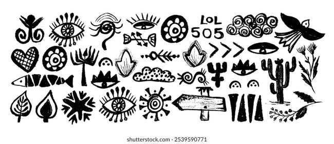 Mexico silhouette print. Ethnic border Aztec and Mayan. Mexican shapes, sign and symbol. Set of various elements drawn with charcoal pencil, eyes, fish, leaves, bird, cactus.