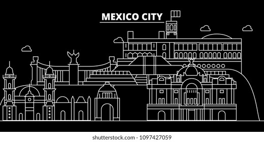 Mexico silhouette skyline, vector city, mexican linear architecture, buildings. Mexico travel illustration, outline landmarkflat icon, mexican line banner