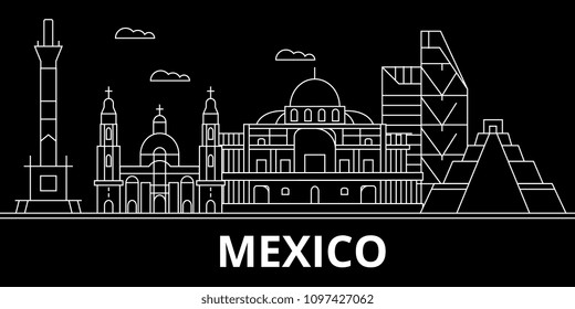 Mexico silhouette skyline, vector, city, mexican linear architecture, buildings. Mexico travel illustration, outline landmarkflat icon, mexican line banner