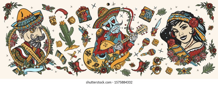 Mexico. Skeleton With Guitar, Mexican Woman, Bandit. Day Of Dead Art. Old School Tattoo Vector Collection. National Culture And People. Traditional Tattooing Style 