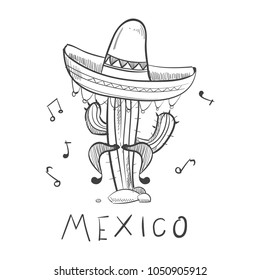 Mexico sketch cactus in sombrero - hand drawn mexican symbols print. Vector illustration