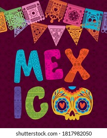 Mexico with skull and banner pennant design, Mexican culture tourism landmark latin and party theme Vector illustration