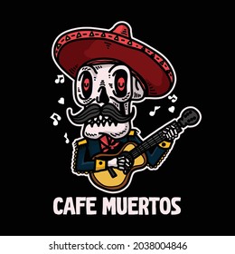 Mexico skull guitarist vector design. Dia de Los Muertos. Mexican Day of the Dead. Vector hand drawn illustration on dark background.