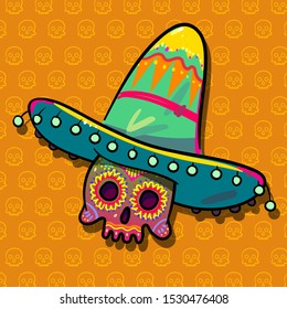 Mexico skull in sombrero on yellow background. Day of the dead