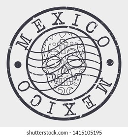 Mexico Skull Stamp. Dead Silhouette Seal. Round Design. Vector Icon. Design Retro Insignia.