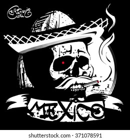 mexico skull, vector original print T-shirt, greeting card, notebook.Black and white illustration, ribbon remember the death, grunge, smokes a cigar, sombrero, cigarette, ink blots, rough tough line