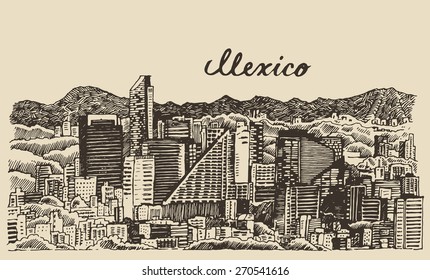 Mexico Skyline, Big City Architecture, Vintage Engraved Vector Illustration, Hand Drawn, Sketch.