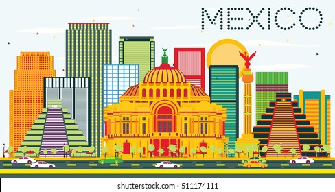 Mexico Skyline with Color Buildings and Blue Sky. Vector Illustration. Business Travel and Tourism Concept with Historic Buildings. Image for Presentation and Banner.