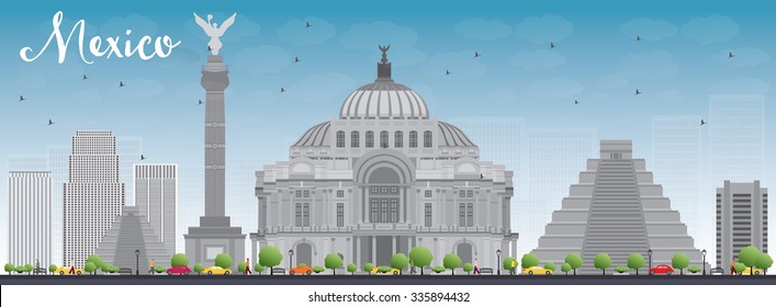 Mexico skyline with gray landmarks and blue sky. Vector illustration. Business travel and tourism concept with historic buildings. Image for presentation, banner, placard and web site.