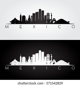 Mexico skyline and landmarks silhouette, black and white design, vector illustration.