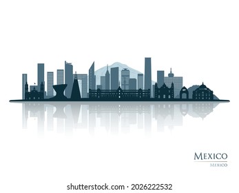 Mexico skyline silhouette with reflection. Landscape Mexico. Vector illustration.