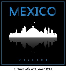 Mexico, skyline silhouette vector design on parliament blue and black background.