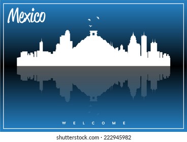 Mexico, skyline silhouette vector design on parliament blue and black background.