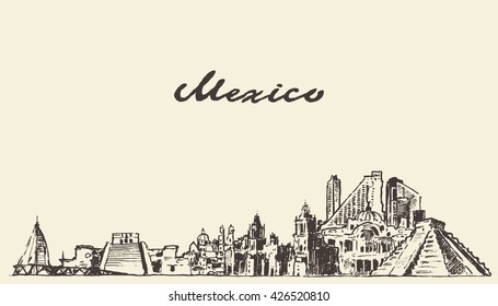 Mexico skyline, vintage vector engraved illustration, hand drawn, sketch